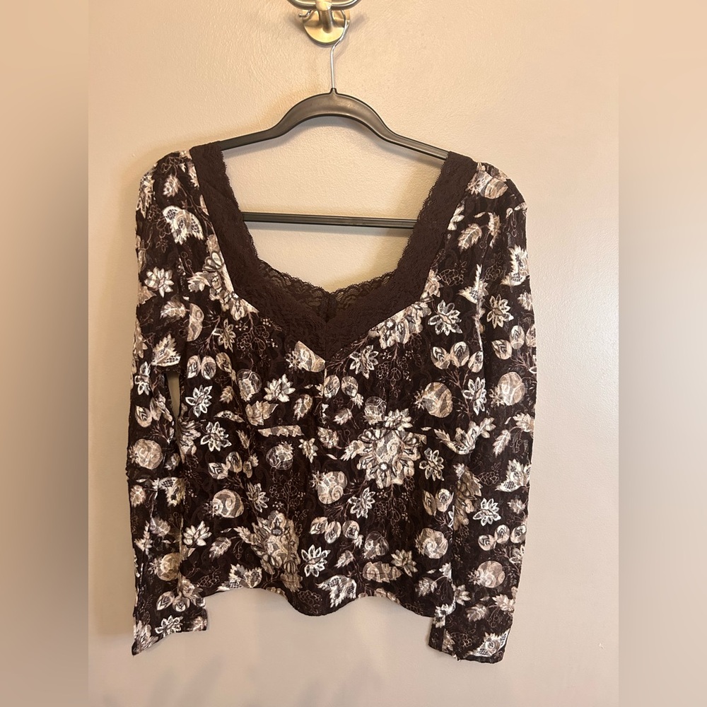 NWT INC International Concepts brown floral print lace-trimmed top size L Y2K
